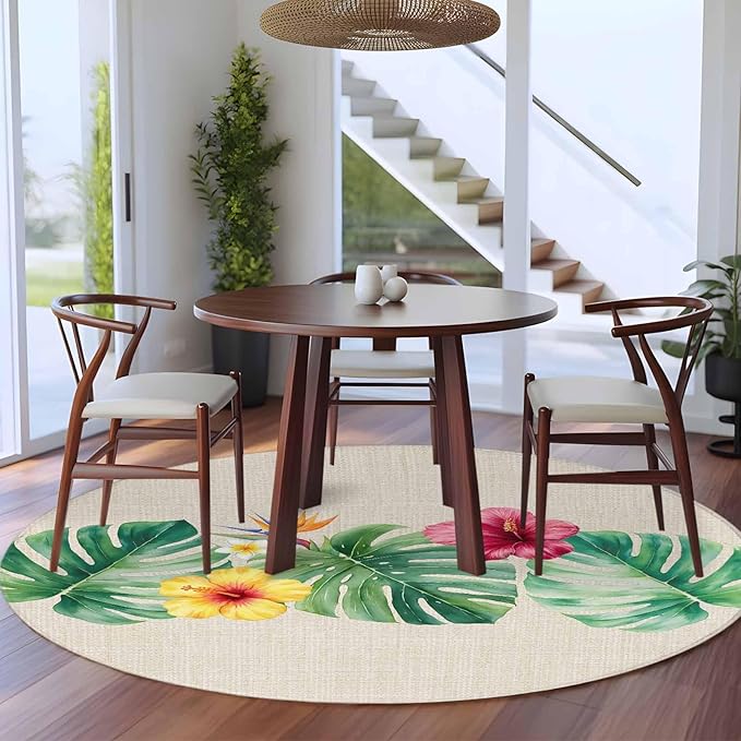 Washable Round Area Rug Country Monstera Hibiscus Foliage Circle Rugs Floor Carpet for Living Room Bedroom, Tropical Plant Vintage Linen Soft Non Slip Round Rug 5ft