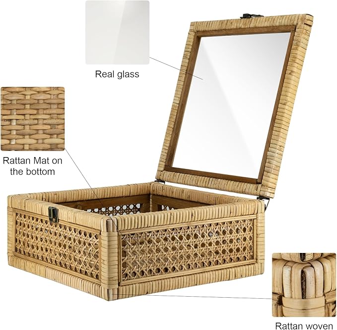 HUAXIN CRAFT H Rattan Square Box with Lid - Set of 2 Wicker Decorative Bins with Glass Cover for Display
