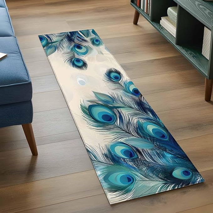 Runner Rug for Bedroom Hallway, Abstract Animal Art Peacock Feather Kitchen Runner Rugs Area Rug 2x6ft, Watercolor Blue Eyes Beige Washable Soft Floor Carpet for Entryway Stair