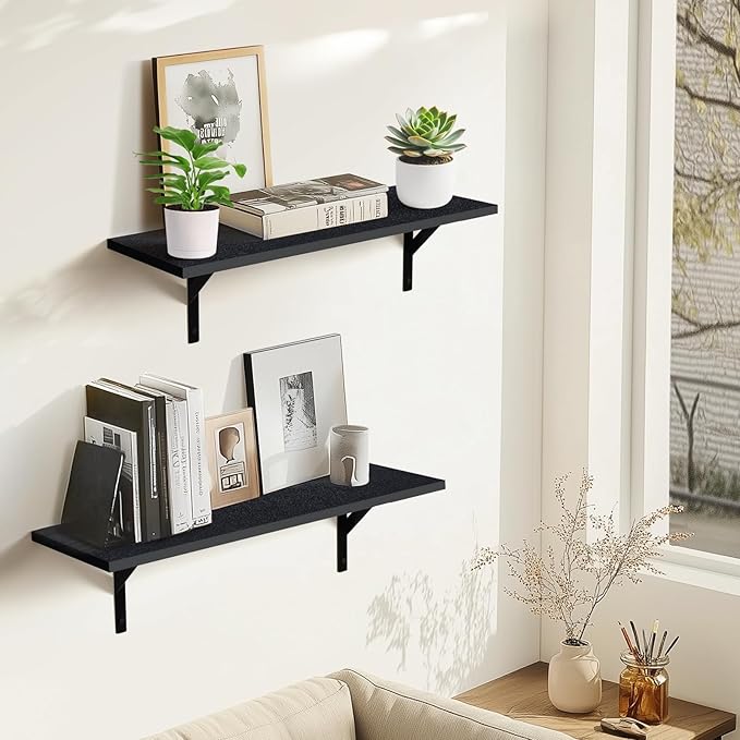 Tectocker-DOU Heavy Duty Long Wall Shelves Set of 2, Floating Shelves Wall Mounted with Industrial Brackets, 40lbs Capacity Shelves for Laundry Room, Kitchen, Bathroom, Living Room (24"*8",Black)
