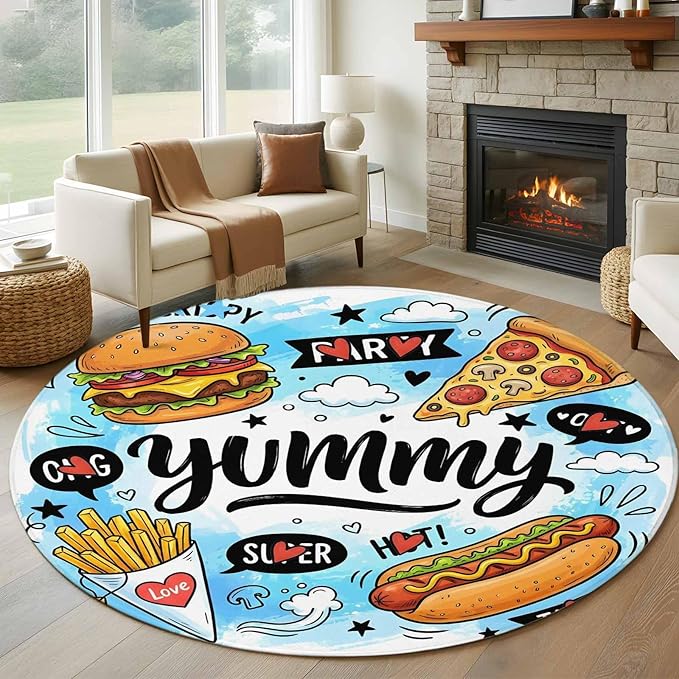 Washable Round Area Rug Cartoon Food Abstract Graffiti Circle Rugs Floor Carpet for Living Room Bedroom, Blue Sky with Clouds Soft Non Slip Round Rug 5ft