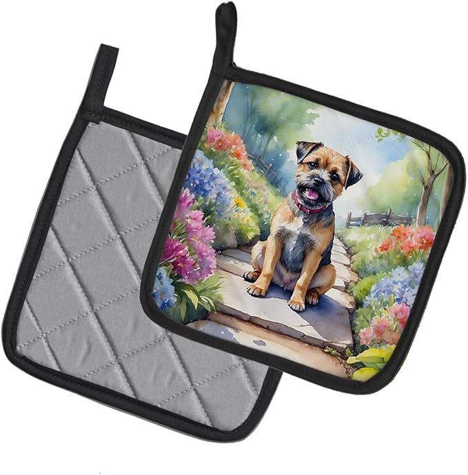 Caroline's Treasures Border Terrier Spring Path Pair of Pot Holders Kitchen Heat Resistant Pot Holders Sets Oven Hot Pads for Cooking Baking BBQ, 7 1/2 x 7 1/2