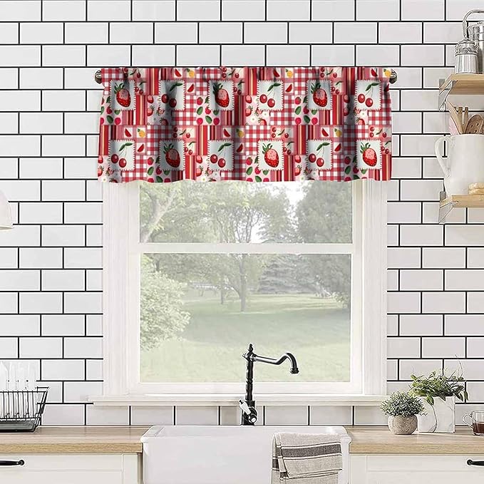 Fruit Patchwork Curtain Valance, Red Strawberry Cherry Buffalo Plaid Short Rod Pocket Window Treatment for Kitchen Dining Bedroom Living Room Resturant Cafe Home Decor, 54x18Inch