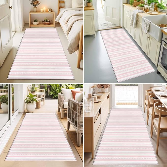 Runner Rug for Bedroom Hallway, Abstract Leaf Geometric Line Kitchen Runner Rugs Area Rug 2x6ft, Modern Pink Stripe Theme Washable Soft Floor Carpet for Entryway Stair