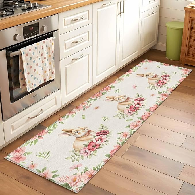 Runner Rug for Bedroom Hallway, Retro Easter Rabbit on Linen Kitchen Runner Rugs Area Rug 2x6ft, Spring Pastoral Pink Flower Leaf Washable Soft Floor Carpet for Entryway Stair