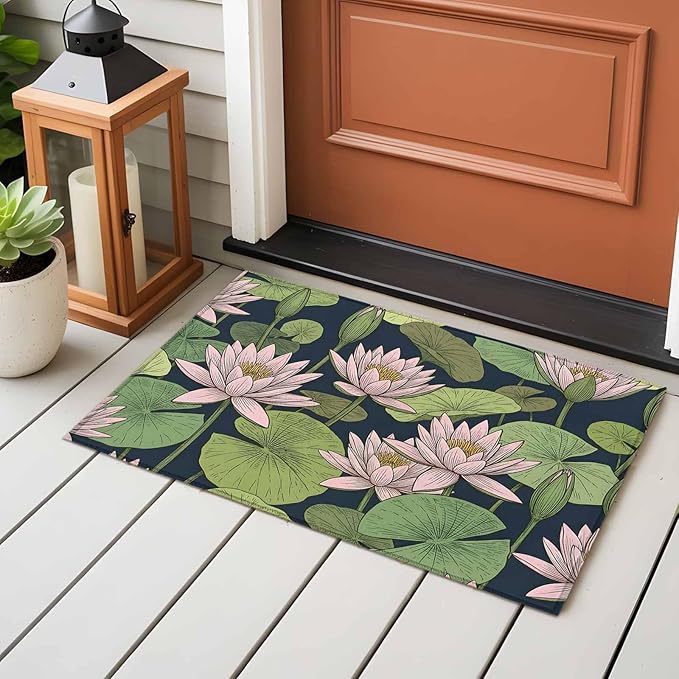 Area Rug 2x3ft, Pink Lotus Water Lily Dark Green Leaves Washable Rugs for Living Room Bedroom, Oriental Style Soft Non-Slip Area Rugs Rectangle Floor Carpet for Dining Room