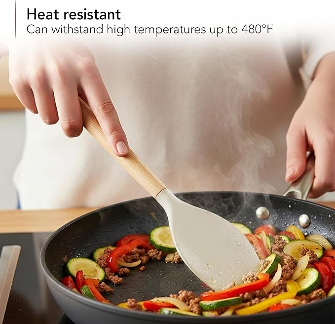 OVENTE Silicone Cooking Utensils Set, 17pcs Heat Resistant Kitchen Tools and Gadgets for Nonstick Cookware, BPA Free Spatula Set with Wooden Handle, Cup Holder, Oven Gloves and Hot Pads, Cream SPS17CR