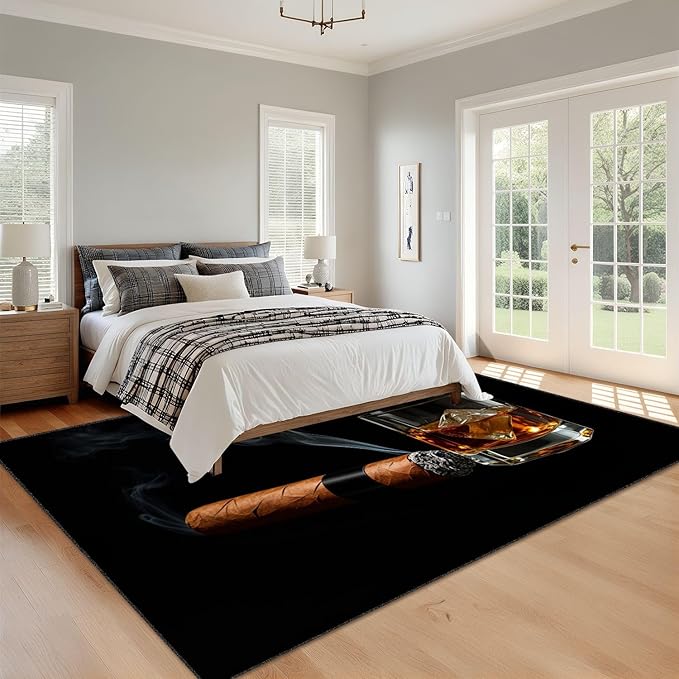 9x12 Area Rugs for Bedroom Boho Washable Man Cave Rug for Living Room Cigar Whiskey Ice Cubes Glass Black Soft Rubber Backed Non-Slip Large Carpets for Boys
