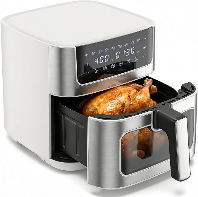 Sweetcrispy 6.34QT Air Fryer, 8-in-1 Air Fryers Oven with Visible Window, 400℉ Fast Heating, Nonstick Dishwasher-Safe Basket, Timer & Auto-Off, Stainless Steel, White