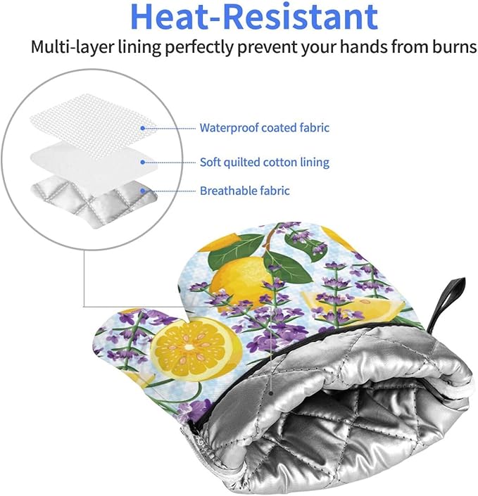 Lemon Lavender Oven Mitts of 2-Pack Set, Funny Kitchen Gloves Heat Resistant Non-Slip Kitchen Mitts Safe Cooking Baking Grilling