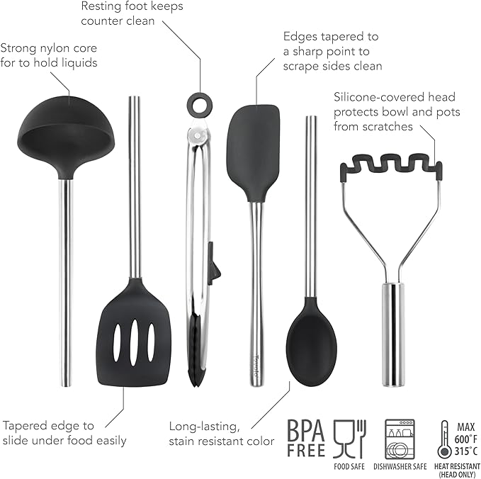 Tovolo Silicone Cooking Utensil Set of 6 Stainless Steel Handle Ladle Slotted Turner Tongs Flex Core Spatula Scraper Mixing Spoon & Potato Masher, Dishwasher Safe BPA Free Utensils, Black
