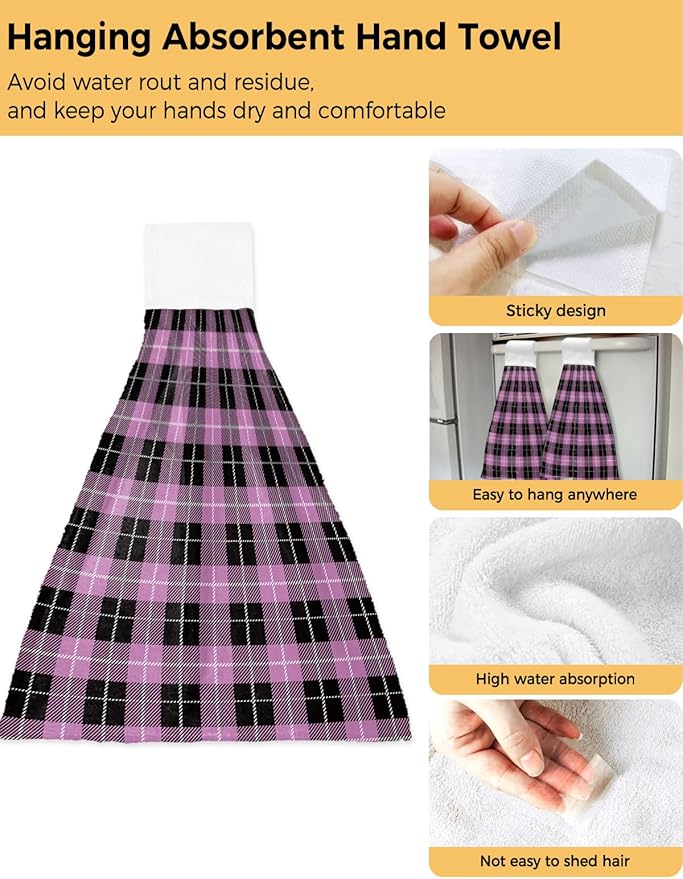 Alandar Home Kitchen Tie Towel Set of 2, Vintage Purple Black Tartan Plaid Absorbent Soft Hand Towels for Bathroom Hanging Towels, Retro Geometric Art Fast Drying Cleaning Cloth with Loop