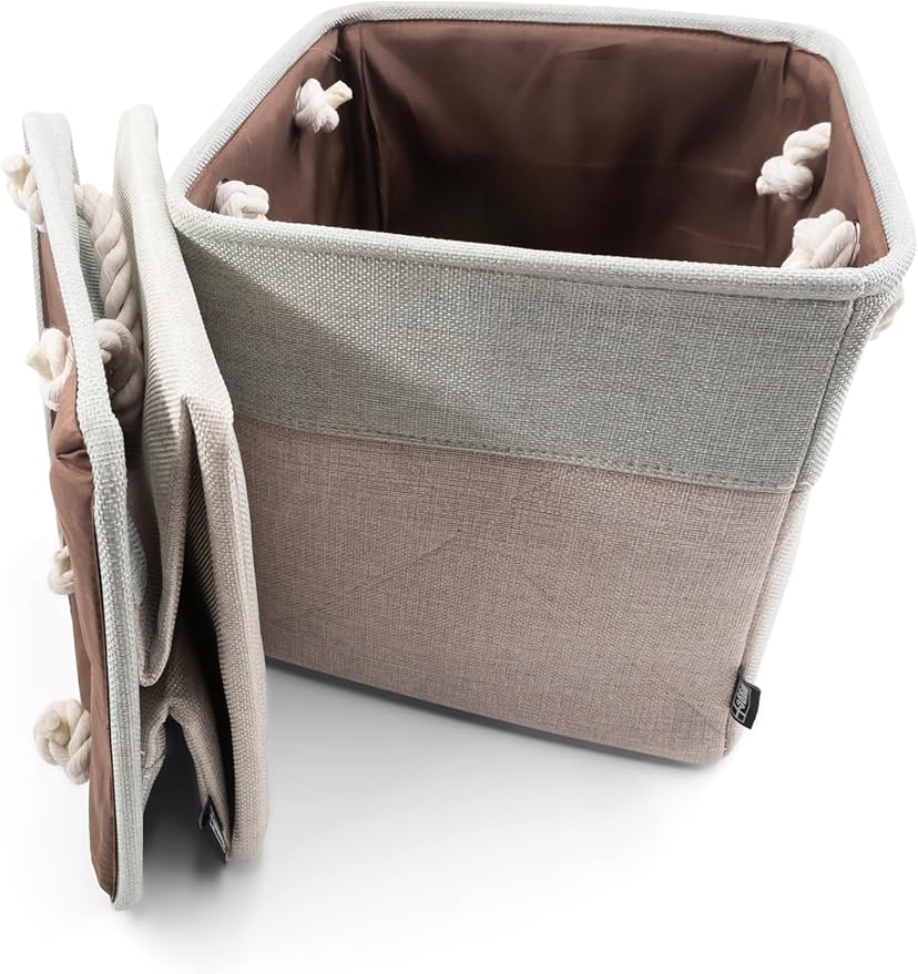 HYGGE + Linen Storage Bin Basket 12" x 12" x 10" Durable fabric & lightweight design. Great for storing toys, books, linens, games, clothing, baby products & more! (2 PACK, SAGE/WHITE)