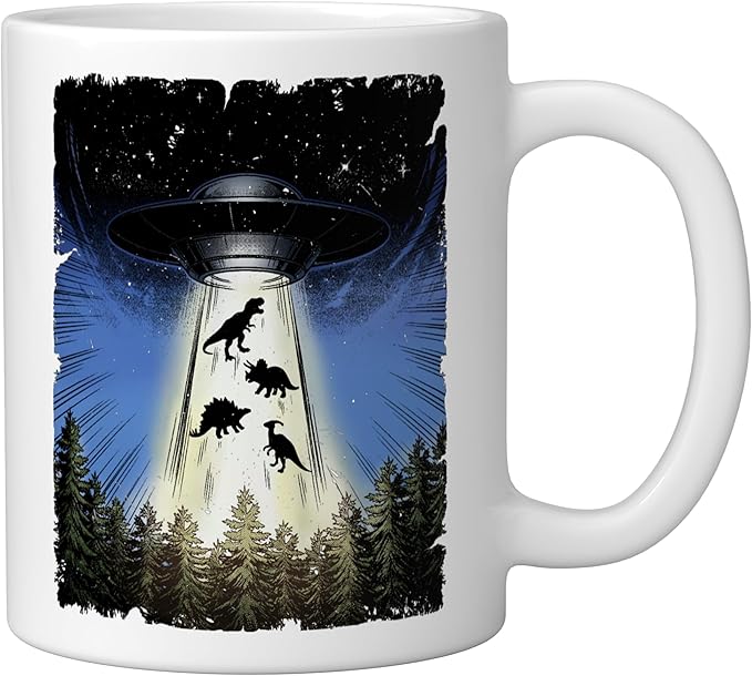 UFO Dinosaur Alien Abduction Flying Saucer Conspiracy Ceramic Mug, White