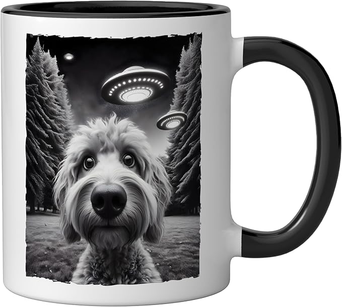 Funny Golden Doodle Selfie UFO Encounters for Dog Lovers Ceramic Mug, Black/White