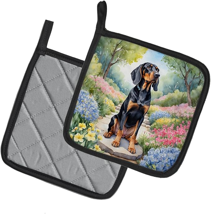 Caroline's Treasures Black and Tan Coonhound Spring Path Pair of Pot Holders Kitchen Heat Resistant Pot Holders Sets Oven Hot Pads for Cooking Baking BBQ, 7 1/2 x 7 1/2