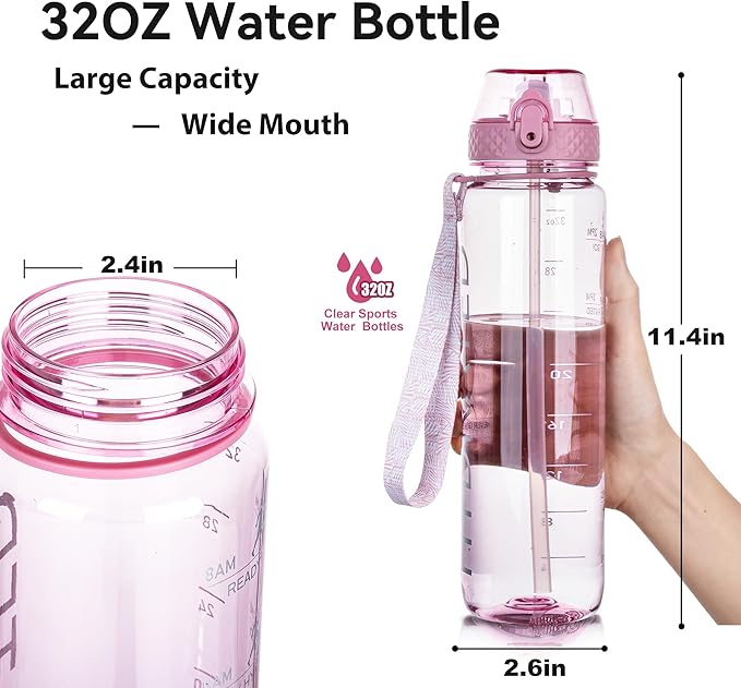 GOPPUS Water Bottles Clear Water Bottle with Straw 32oz Plastic Water Bottles BPA Free Tritan Wide Mouth Bottle Leakproof Motivational bottles water for Gym,Hiking,School or Office(1 Bottles)