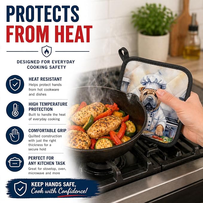 Caroline's Treasures Shar Pei The Chef Pair of Pot Holders Kitchen Heat Resistant Pot Holders Sets Oven Hot Pads for Cooking Baking BBQ, 7 1/2 x 7 1/2