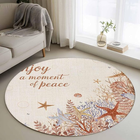 Washable Round Area Rug Orange Marine Starfish Coral Seaweed Circle Rugs Floor Carpet for Living Room Bedroom, Peace Quote on Linen Soft Non Slip Round Rug 3ft