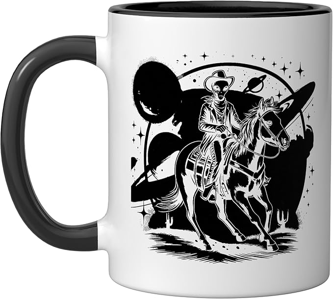 Alien Lover Flying Saucer UFO Extraterrestrial Cowboy Ceramic Mug, Black/White