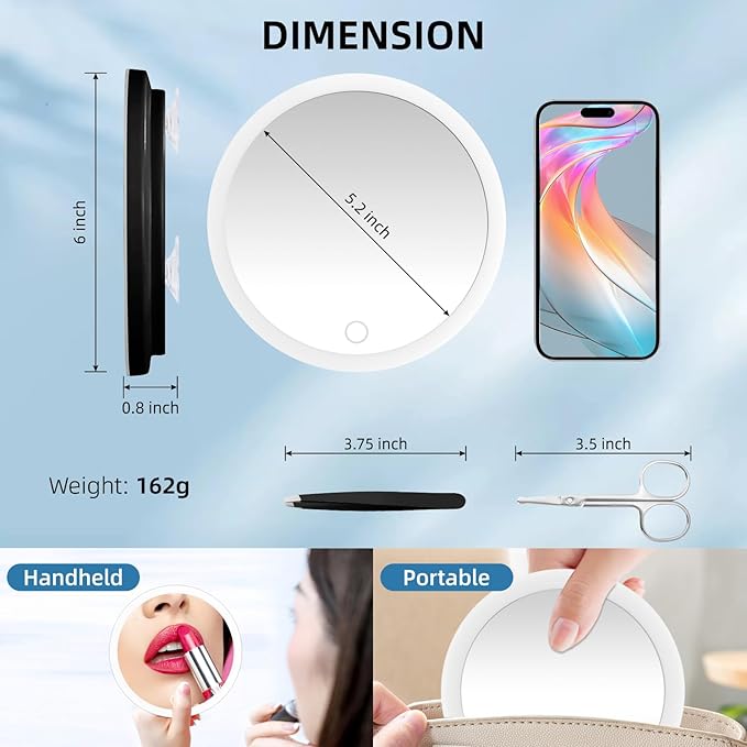 40X Magnifying Mirror with Light, 6inch Compact Travel Size, 3 Color Lights Adjustable Brightness, Rechargeable 40X Makeup Magnification Mirror with 3 Suction Cups - Includes Tweezers & Scissors