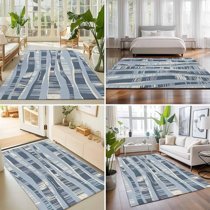 Area Rug 8x10ft, Navy Blue Ocean Waves Coastal Horizon Washable Rugs for Living Room Bedroom, Abstract Art Soft Non-Slip Area Rugs Rectangle Floor Carpet for Dining Room