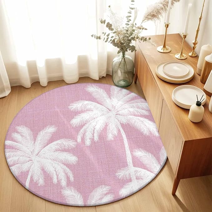 Washable Round Area Rug Boho Pink Palm Trees Vintage Circle Rugs Floor Carpet for Living Room Bedroom, Summer Tropical Leaves Soft Non Slip Round Rug 5ft
