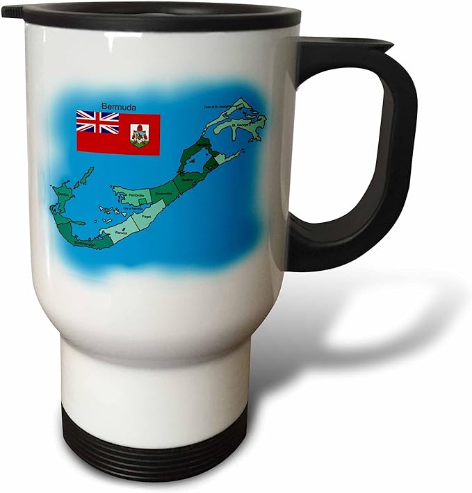 3dRose Flag and Map of British Overseas Island Territory Bermuda and All Parishes Colored and Labeled- Travel Mug, 14-Ounce, Stainless Steel