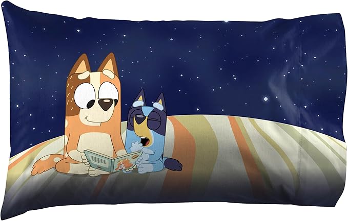 Jay Franco Kids Sheet Set with Fitted, Flat Sheets & Pillow Cover - Ultra-Soft Bedding with Pillowcase for Room Decor, Blue - Bluey & Bingo, 4 Piece Full
