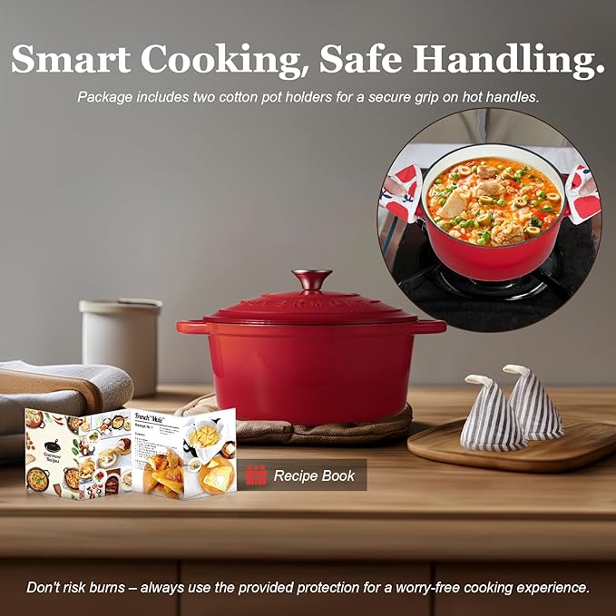 Overmont Enameled Cast Iron Dutch Oven - 7QT Pot with Lid Cookbook & Cotton Potholders - Heavy-Duty Cookware for Braising, Stews, Roasting, Sourdough Baking red