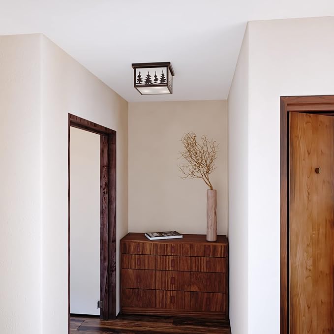 VAXCEL Yosemite 11.5 inch Rustic Tree Flush Mount Ceiling Light, Burnished Bronze, White Tiffany Glass, E26 Bulb Compatible, Dimmable, Indoor Outdoor Use, Damp Rated