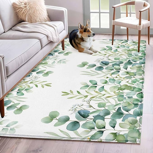 Sage Green Eucalyptus Leaves 3x5 Area Rugs, Farmhouse Botanical Non-Skid Rubber Backing Large Rectangle Rugs - Living Room Bedroom Home Office, Country Indoor Floor Mat Carpets Washable Rug