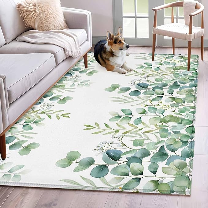Sage Green Eucalyptus Leaves 2.7x5 Area Rugs, Farmhouse Botanical Non-Skid Rubber Backing Large Rectangle Rugs - Living Room Bedroom Home Office, Country Indoor Floor Mat Carpets Washable Rug