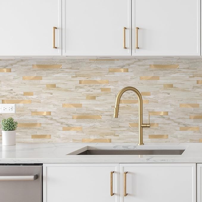 Yipscazo 20 Sheets Peel and Stick Stone Metal Tile Backsplash, Stick on Tiles for Backsplash Kitchen, Bathroom, Laundry Room, Camper, Fireplace (12'' X 12'', Beige Stone with Gold)