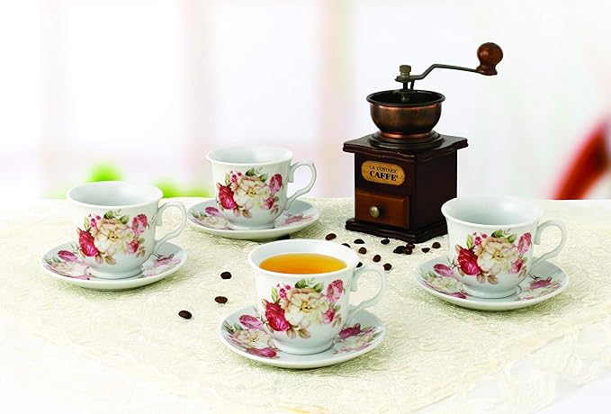 8oz. Set of 4 Coffee/Tea Cups On Metal Stand-Red and Ivory Flower