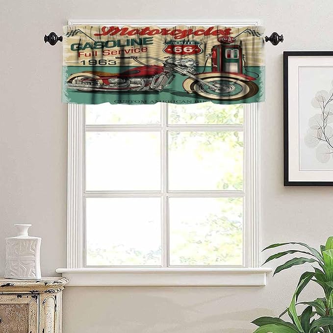 Retro Motorcycle Valance Curtain Vintage Classic Old Car Gas Station Rod Pocket Valance Window Treatments Short Curtains for Kitchen Bathroom Farmhouse Living Room Decor 54x18inch