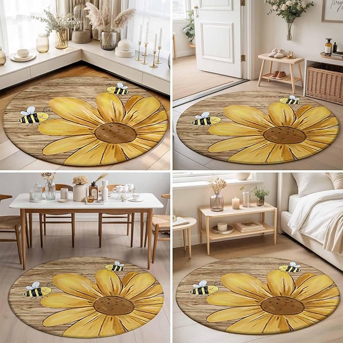 Washable Round Area Rug Summer Yellow Bee Blossom Flower Circle Rugs Floor Carpet for Living Room Bedroom, Retro Rustic Brown Wood Board Soft Non Slip Round Rug 5ft