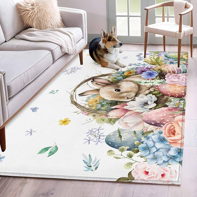 Area Rug 4x6ft, Easter Egg Spring Flower Cute Rabbit Washable Rugs for Living Room Bedroom, Blossom Floral on White Soft Non-Slip Area Rugs Rectangle Floor Carpet for Dining Room