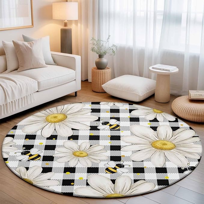 Washable Round Area Rug Farmhouse Blossom Flower Bee Circle Rugs Floor Carpet for Living Room Bedroom, Spring Daisy Black White Plaid Soft Non Slip Round Rug 5ft