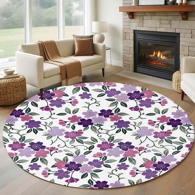 Washable Round Area Rug Country Purple Pink Flower Green Leaf Circle Rugs Floor Carpet for Living Room Bedroom, Pastoral Floral Plant Soft Non Slip Round Rug 5ft