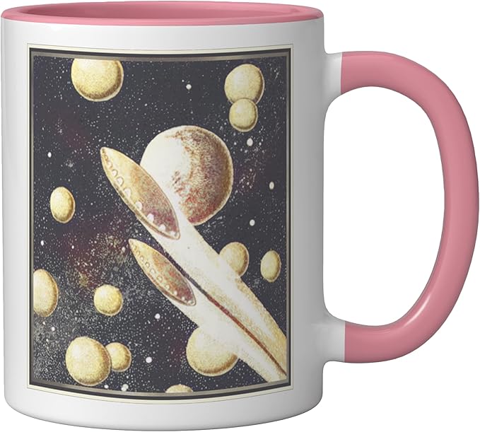 Retro Sci-Fi UFOs Flying Saucers Through Space Ceramic Mug, Pink/White