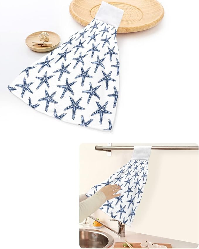 Alandar Home Kitchen Tie Towel Set of 2, Seamless Marine Blue Starfish Absorbent Soft Hand Towels for Bathroom Hanging Towels, Summer Ocean Life on White Fast Drying Cleaning Cloth with Loop