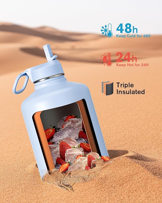 Coolflask 128 oz Gallon Water Bottle Insulated with Straw&3 Lids, Water Jug Large Stainless Steel Metal Vacuum Wide Mouth for Sports, Gym or Office, Non-BPA Keep Cold 48H Hot 24H, Light Blue