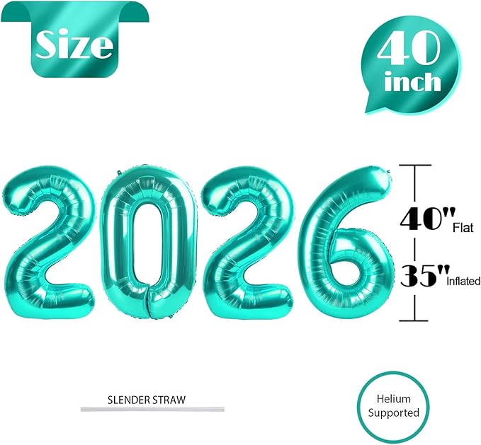 Teal 2026 Number Balloon, Teal Number Balloons 40 Inch, 2026 Balloon Birthday Decorations, 2026 Birthday Party Supplies, 2026 Graduation Party Favors, Class of 2026 Decorations