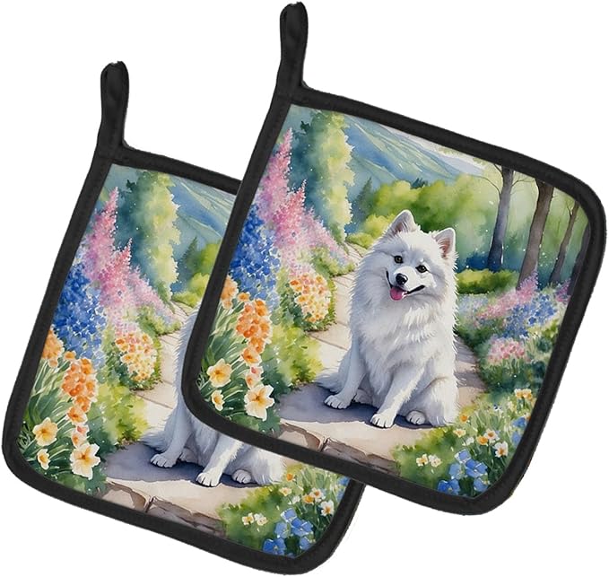 Caroline's Treasures American Eskimo Spring Garden Pair of Pot Holders Kitchen Heat Resistant Pot Holders Sets Oven Hot Pads for Cooking Baking BBQ, 7 1/2 x 7 1/2