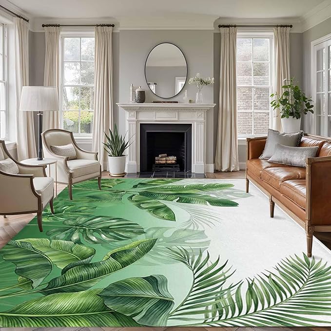 Area Rug 8x10ft, Botanical Rainforest Plants Washable Rugs for Living Room Bedroom, Watercolor Tropical Banana Leaves Soft Non-Slip Area Rugs Rectangle Floor Carpet for Dining Room