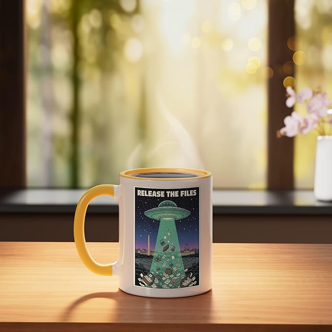 Release the Files UFO Disclosure UAP Alien Conspiracy Ceramic Mug, Yellow/White