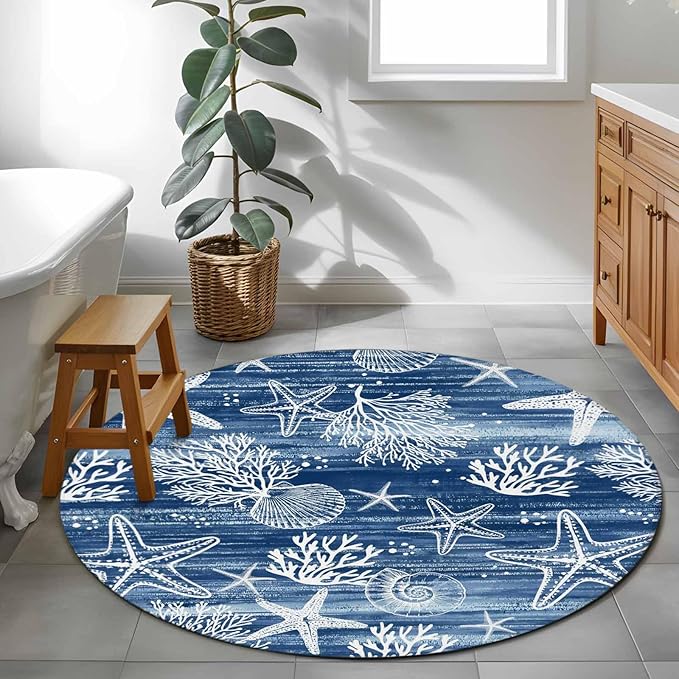 Navy Blue Coastal 3ft Round Rug, Ocean Coral Starfish Non-Skid Rubber Backing Large Area Rugs - Living Room Bedroom Home Office, Summer Beach Indoor Floor Mat Carpets Washable Rug