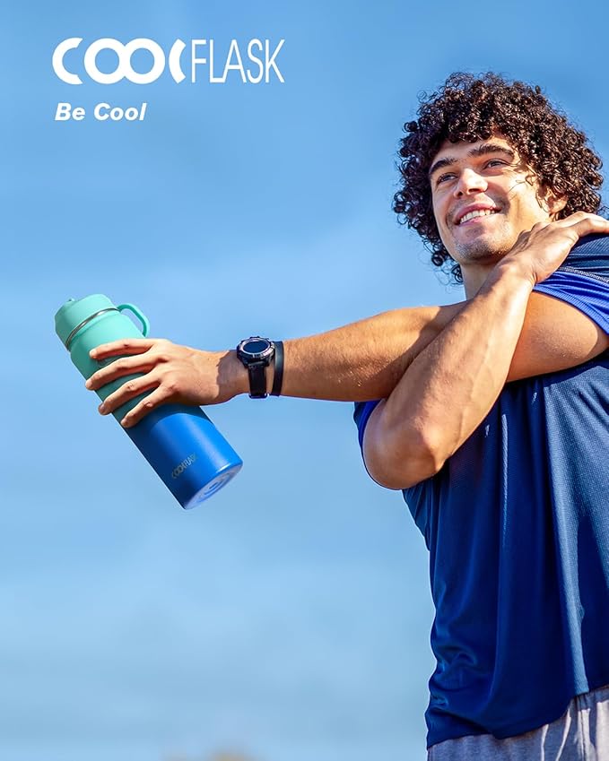 Coolflask Water Bottle 24 oz Insulated with Straw, Stainless Steel Metal 3 Lids Water Flask Wide Mouth for Sports or Office, Non-BPA Keep Cold Up to 48 Hrs or Hot Up to 24 Hrs, Pacific Prince