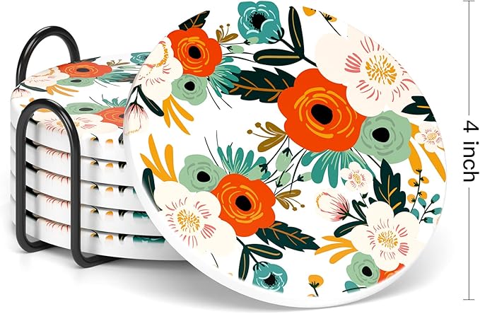 Nipichsha Coasters for Drinks, Set of 6 Cute Absorbent Ceramic Drink Coasters for Cup with Holder and Cork Base, Kitchen Home Decor Housewarming Gift, Round 4 in, White Flowers